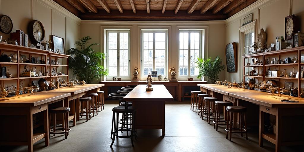 Intérieur lumineux de l'atelier Heure Intérieure à Paris, avec plusieurs établis